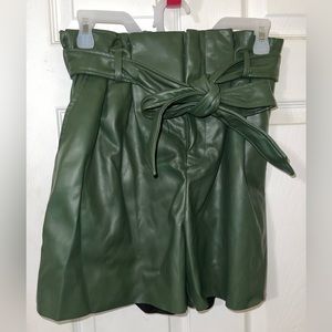ZENANA green faux leather shorts with tie